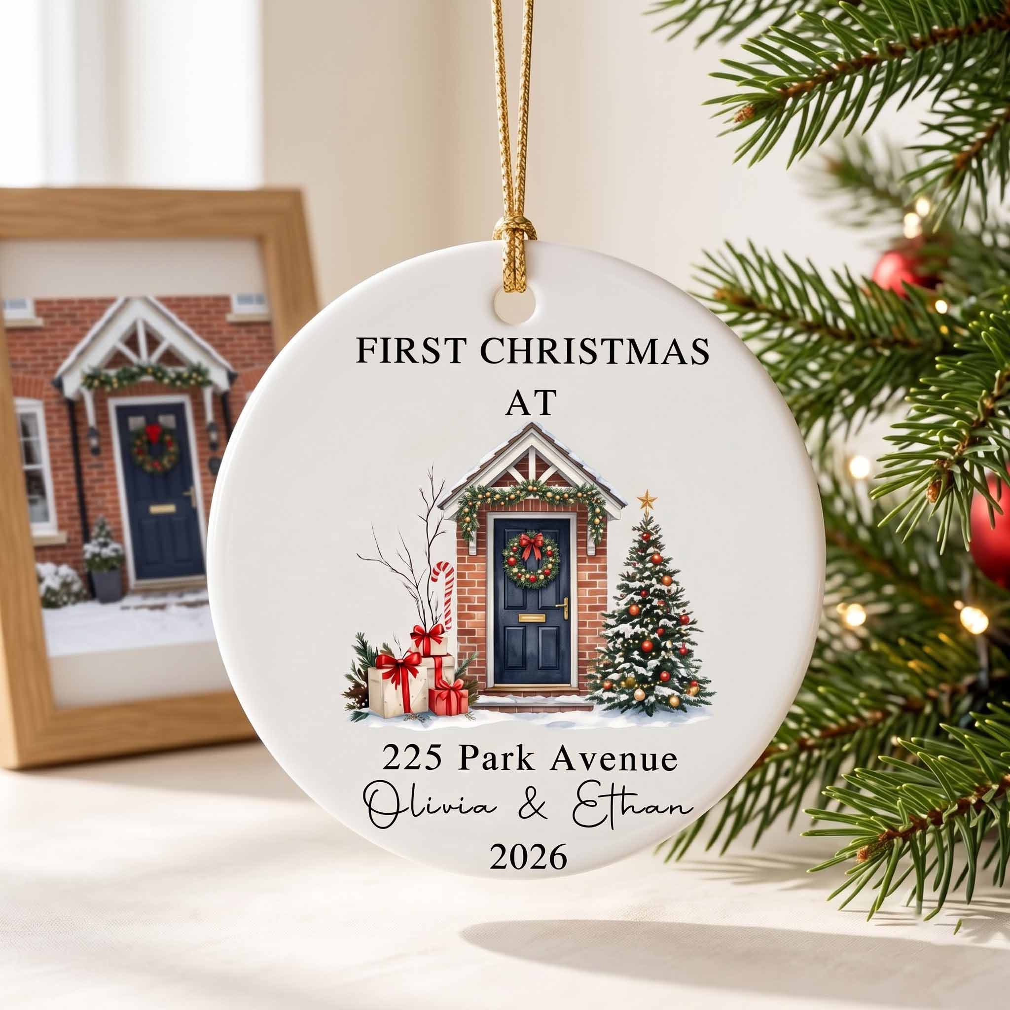 First Christmas at Our New Home 2026 Custom Name & Address New Home Housewarming Gift Round Ceramic Ornament