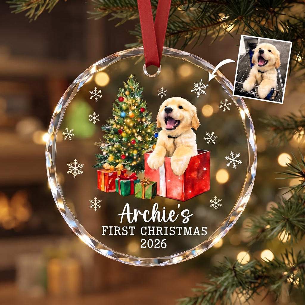 My First Christmas of Dog Custom Pet Name Keepsake Round Glass Christmas Ornament