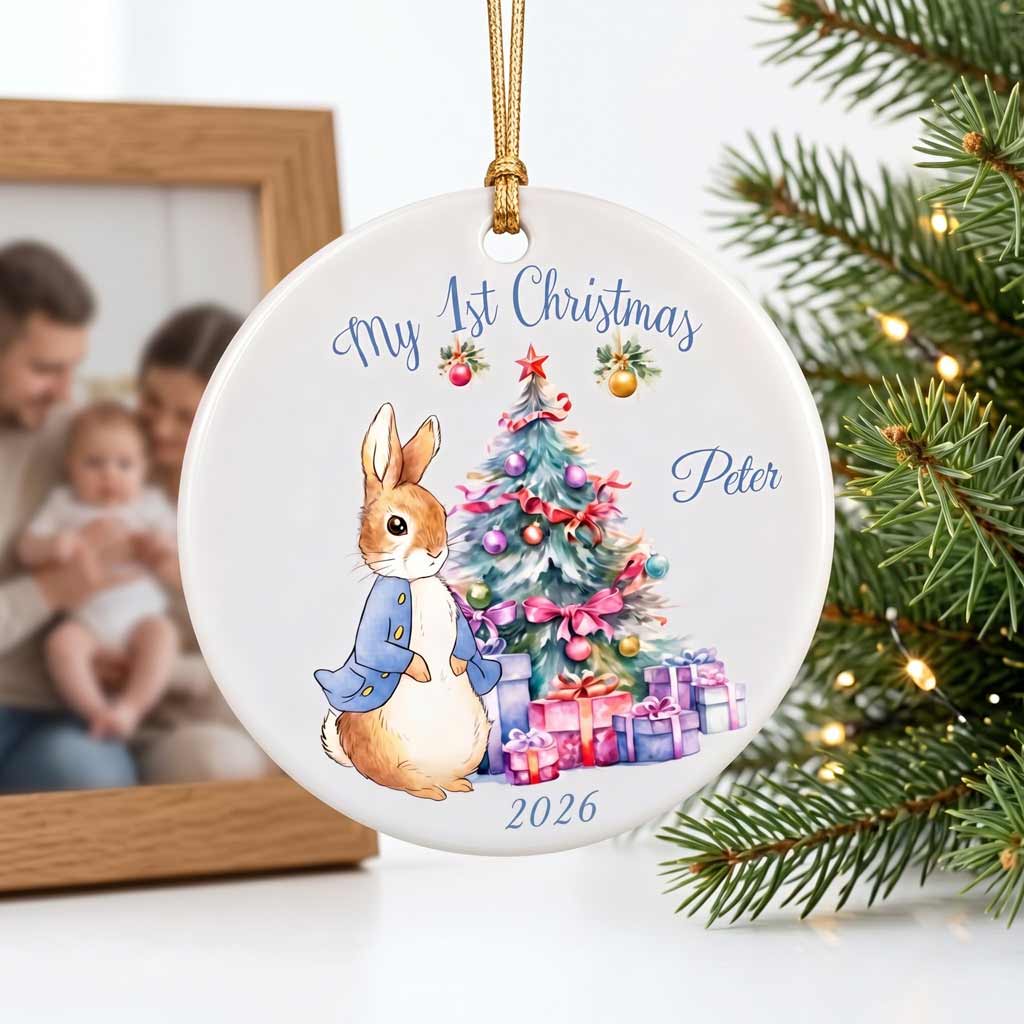 My First Christmas  Rabbit Custom Name 2026 Newborn Baby Round Ceramic Christmas Ornament