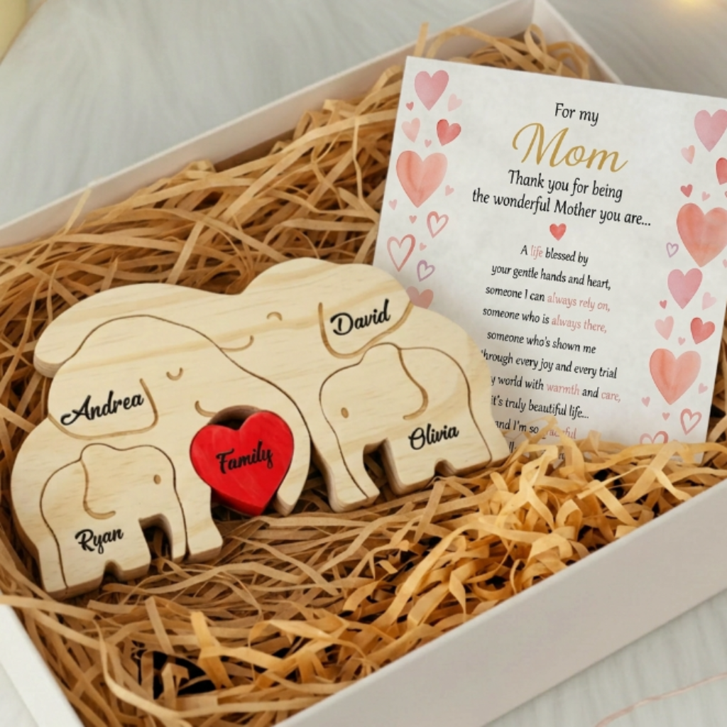 Personalized Elephant 4 Pieces Family Edition Custom Wooden Puzzle