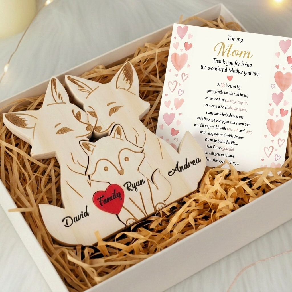 Personalized Fox 3 Pieces Family Edition Custom Wooden Puzzle