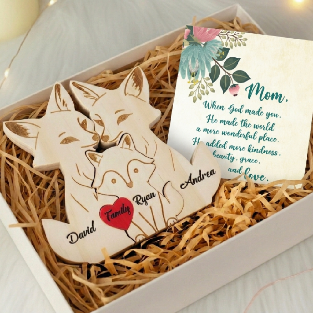 Personalized Fox 3 Pieces Family Edition Custom Wooden Puzzle