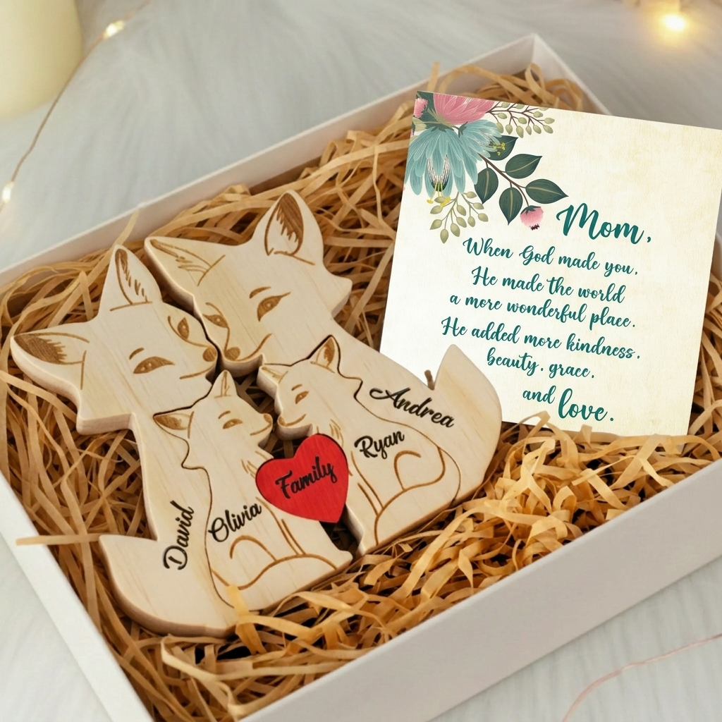Personalized Fox 4 Pieces Family Edition Custom Wooden Puzzle