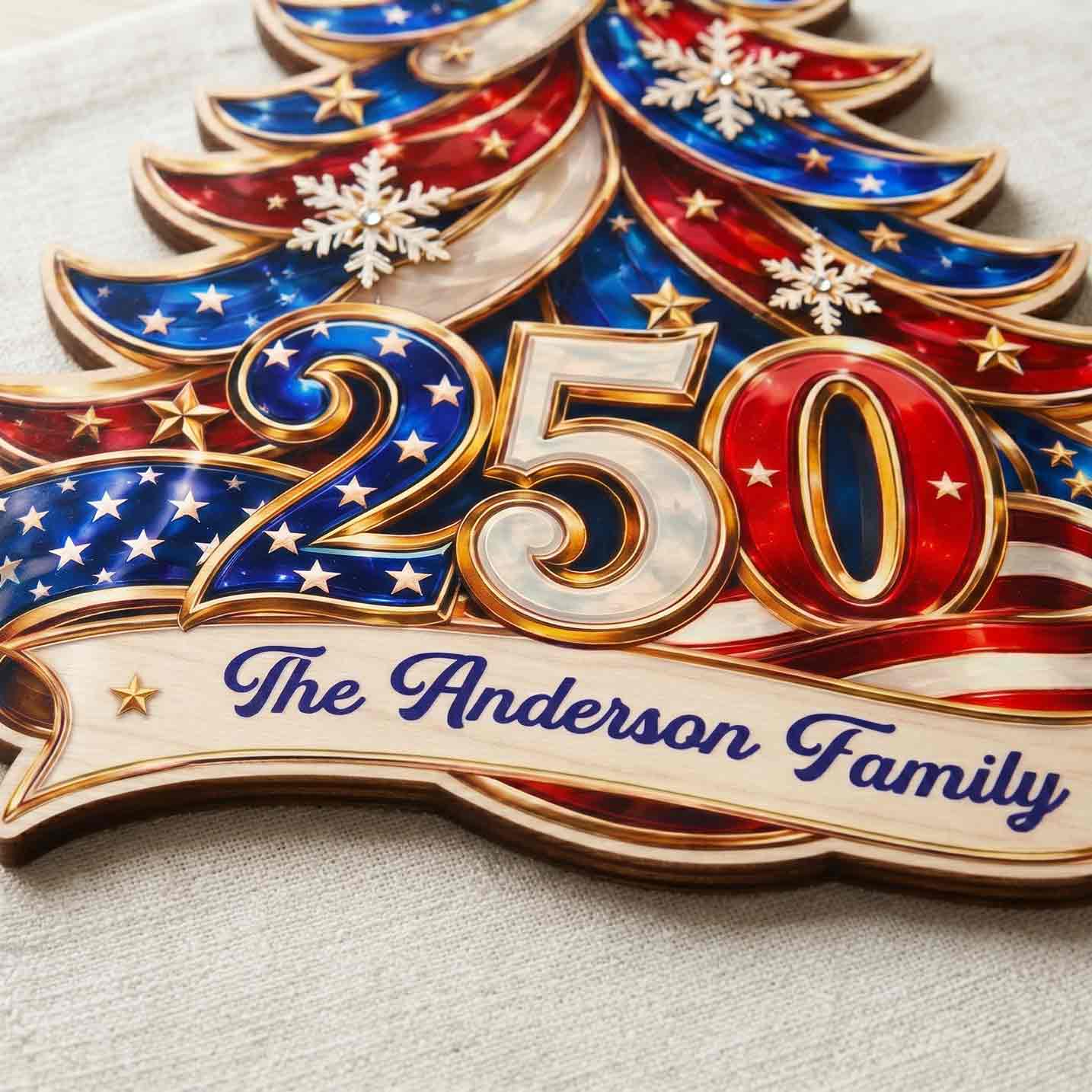 Personalized Family Name America 250th Anniversary Patriotic Christmas Tree Wooden Sign