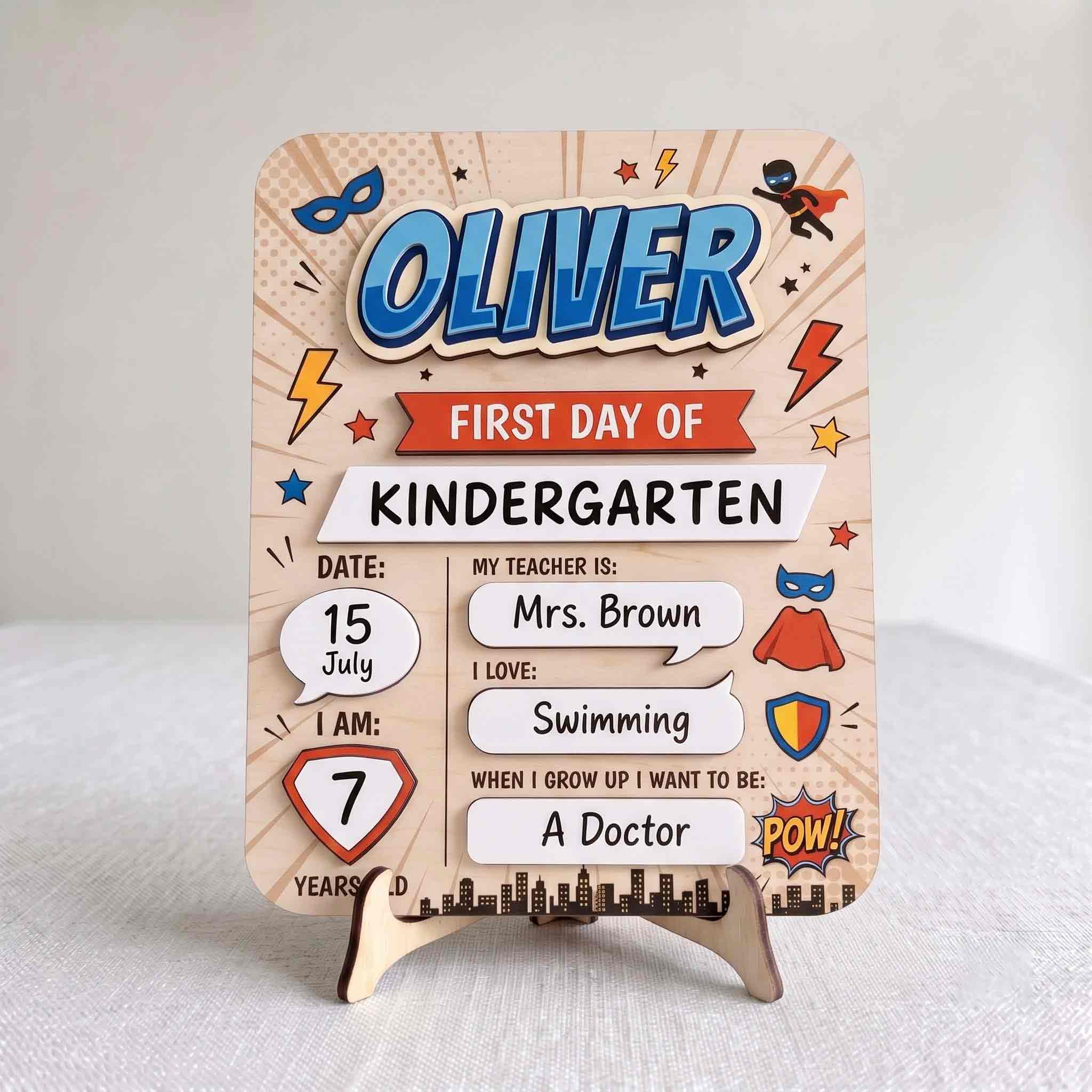 Personalized Superhero School Theme First & Last Day School Sign, Reusable Dry Erase Board, Back to School Sign