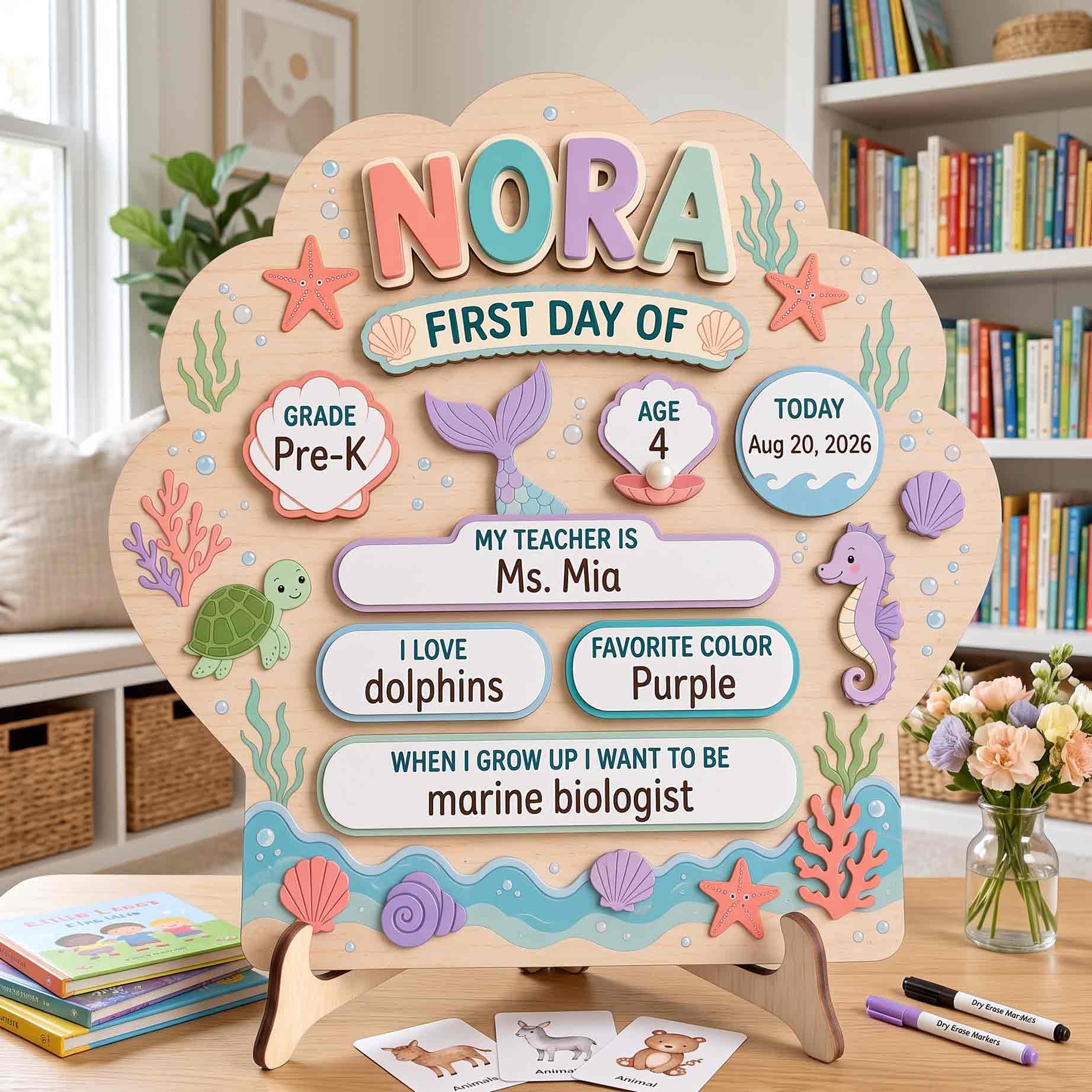 Personalized Mermaid Sea Adventure First & Last Day School Sign, Reusable Dry Erase Board, Back to School Sign