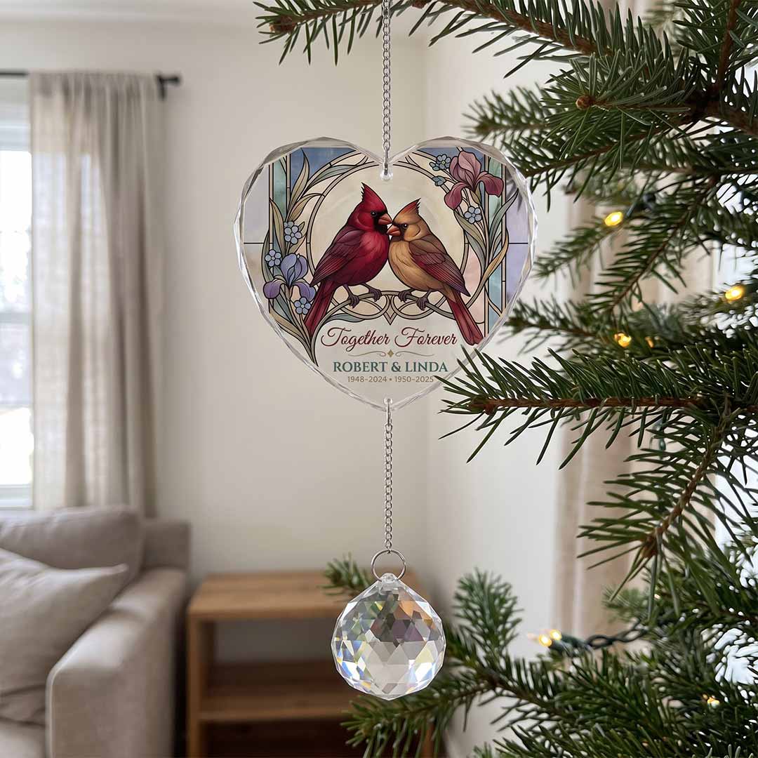 Together Forever Cardinal Love Personalized Couple Custom Name Date Memorial Keepsake Heart Glass Christmas Ornament With Crystal Charm