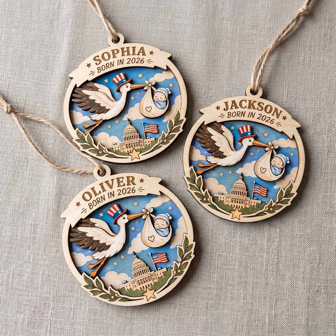 America's 250th Born in 2026 Stork Personalized Custom Name Date Newborn 2-Layer Wooden Christmas Ornament for New Baby Gift