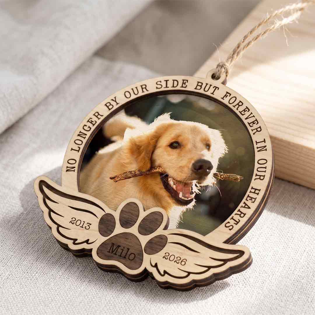 Pet Memorial Angel Wings Paw Custom Name Date Photo Dog 2-Layer Wooden Ornament
