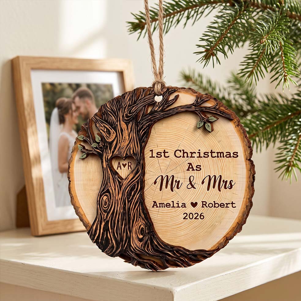 First Christmas Mr and Mrs Tree of Love Custom Names Date First Married Christmas Wooden Ornament