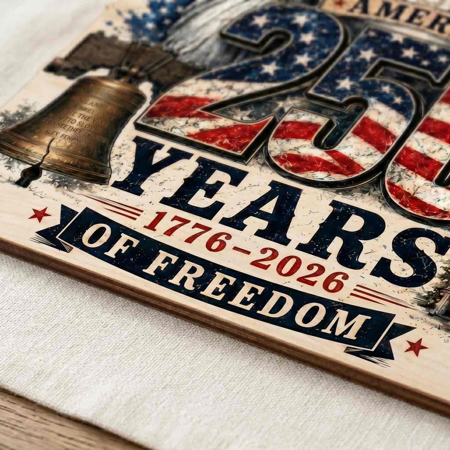 America 250 Years of Freedom 1776-2026 Statue of Liberty Bald Eagle Liberty Bell Patriotic Wooden Sign