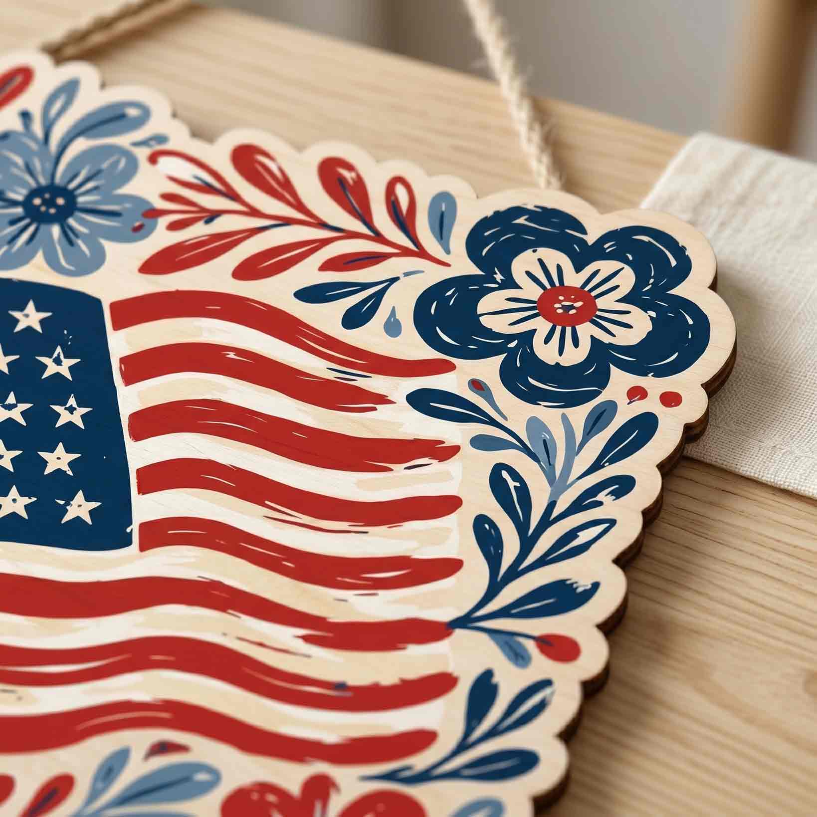 American Flag Floral Folk Art Patriotic America 250th Anniversary 1776-2026 Wooden Sign