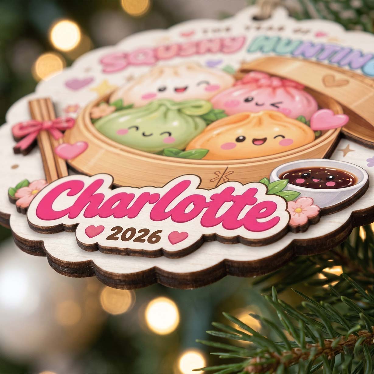 Squishy Hunting Dumpling Basket Custom Name Date Wooden Ornament Foodie