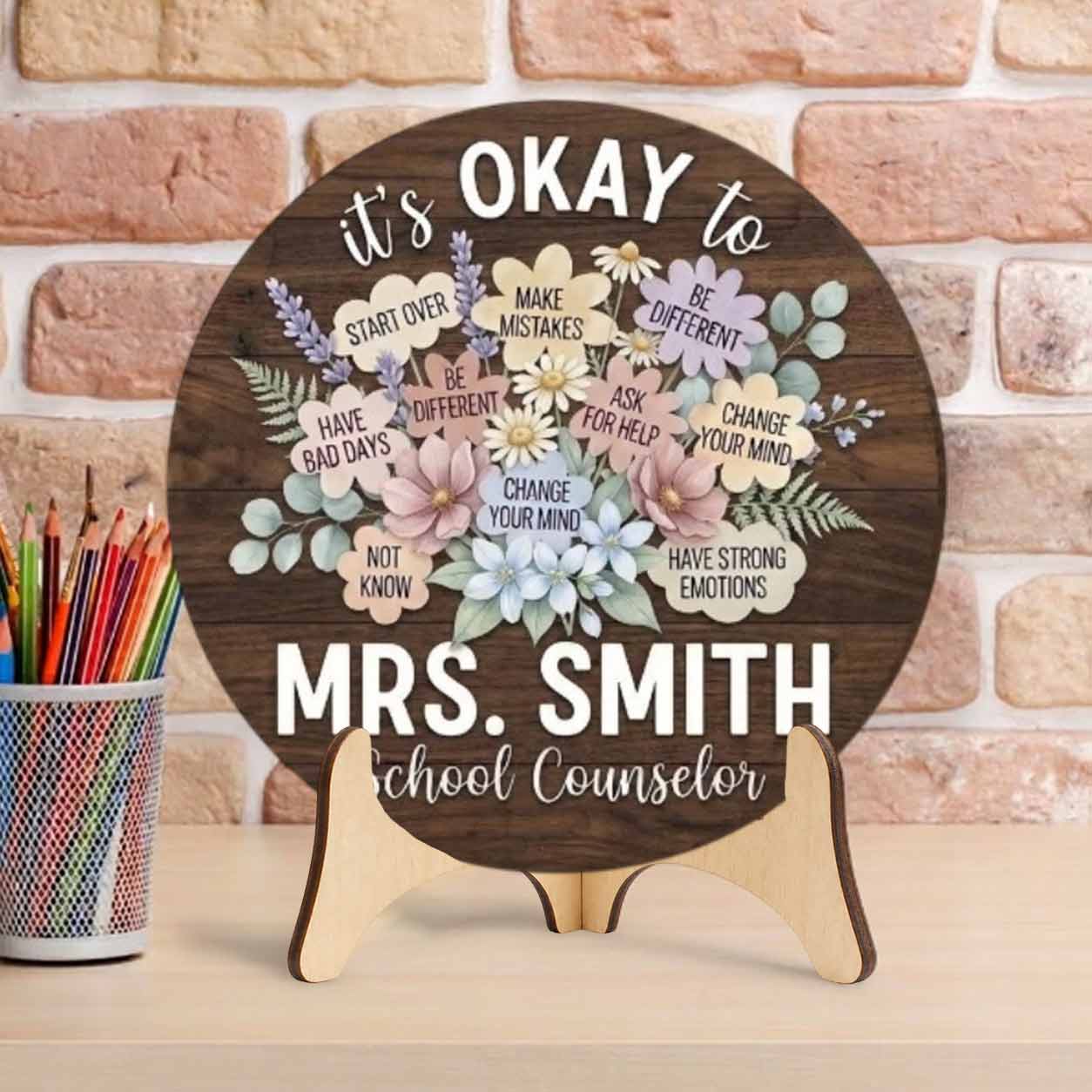 Personalized Teacher Name Wooden Sign Door Hanger Flowers School Counselor Sign Wooden Classroom Decor, Back to School Sign