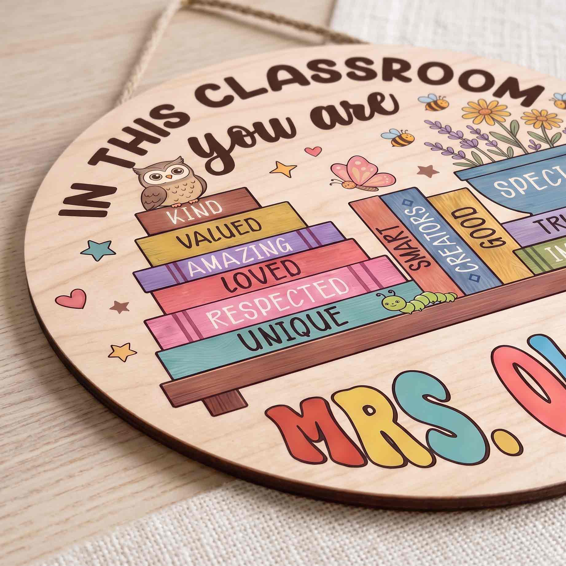 Personalized In This Classroom You Are Welcome Sign, Custom Teacher Classroom Door Decor with Inspirational Book Stack Wooden School Sign