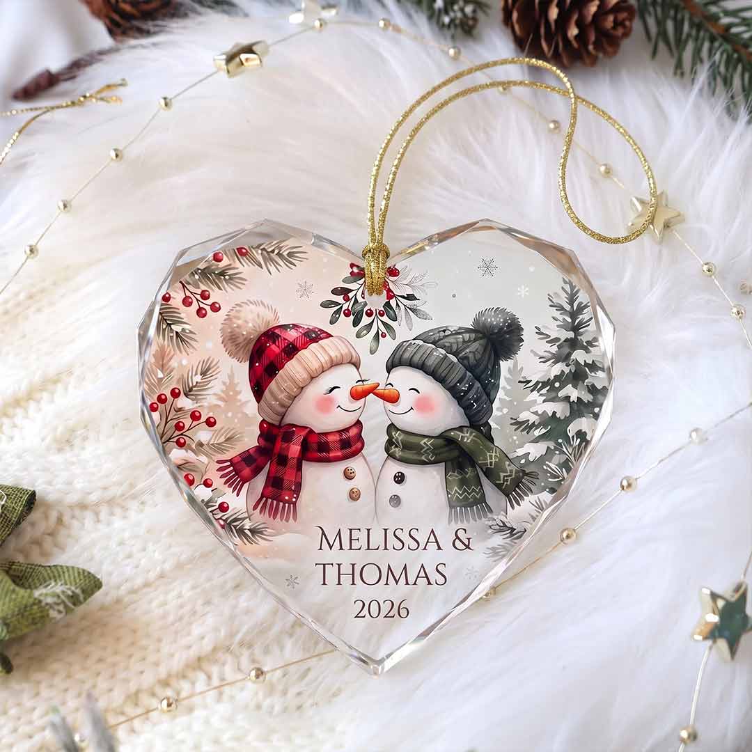 Snowman Couple First Christmas Personalized Couple Custom Name Date Christmas Gift Heart Glass Christmas Ornament