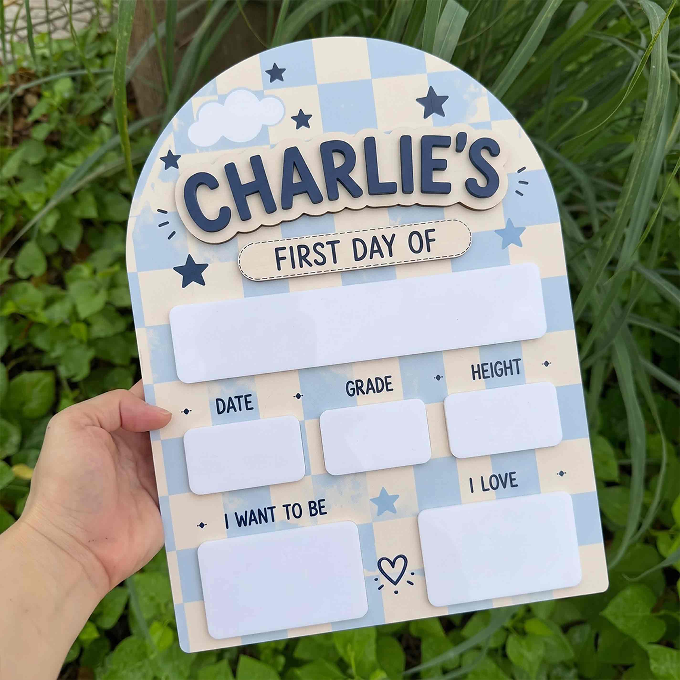 Personalized Pastel Blue Gingham First & Last Day School Sign, Reusable Dry Erase Board, Back to School Sign