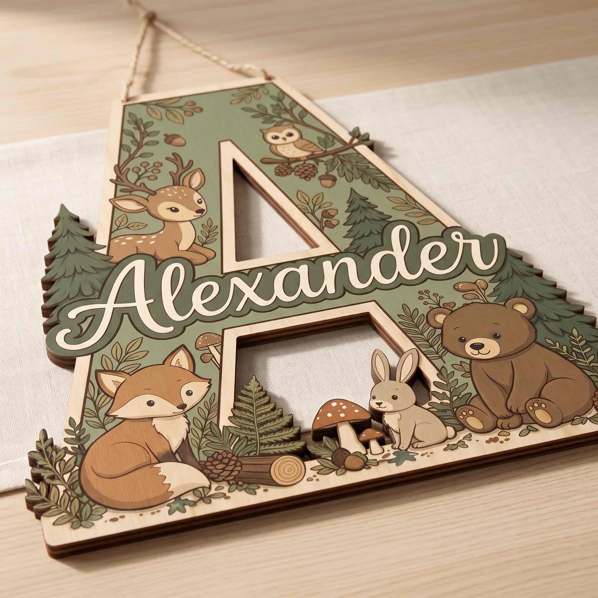 Personalized Woodland Animals Nursery Name Sign Wooden Baby Room Decor