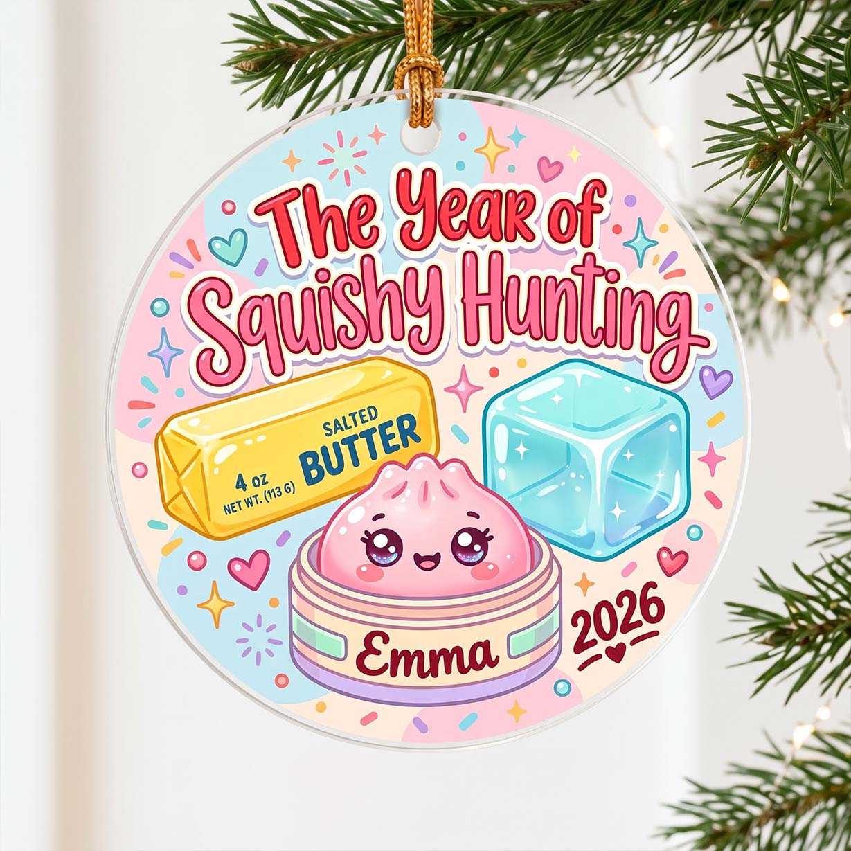 Pastel Squishy Hunting Butter Ice Cube Custom Name Date Acrylic Christmas Ornament Squishy