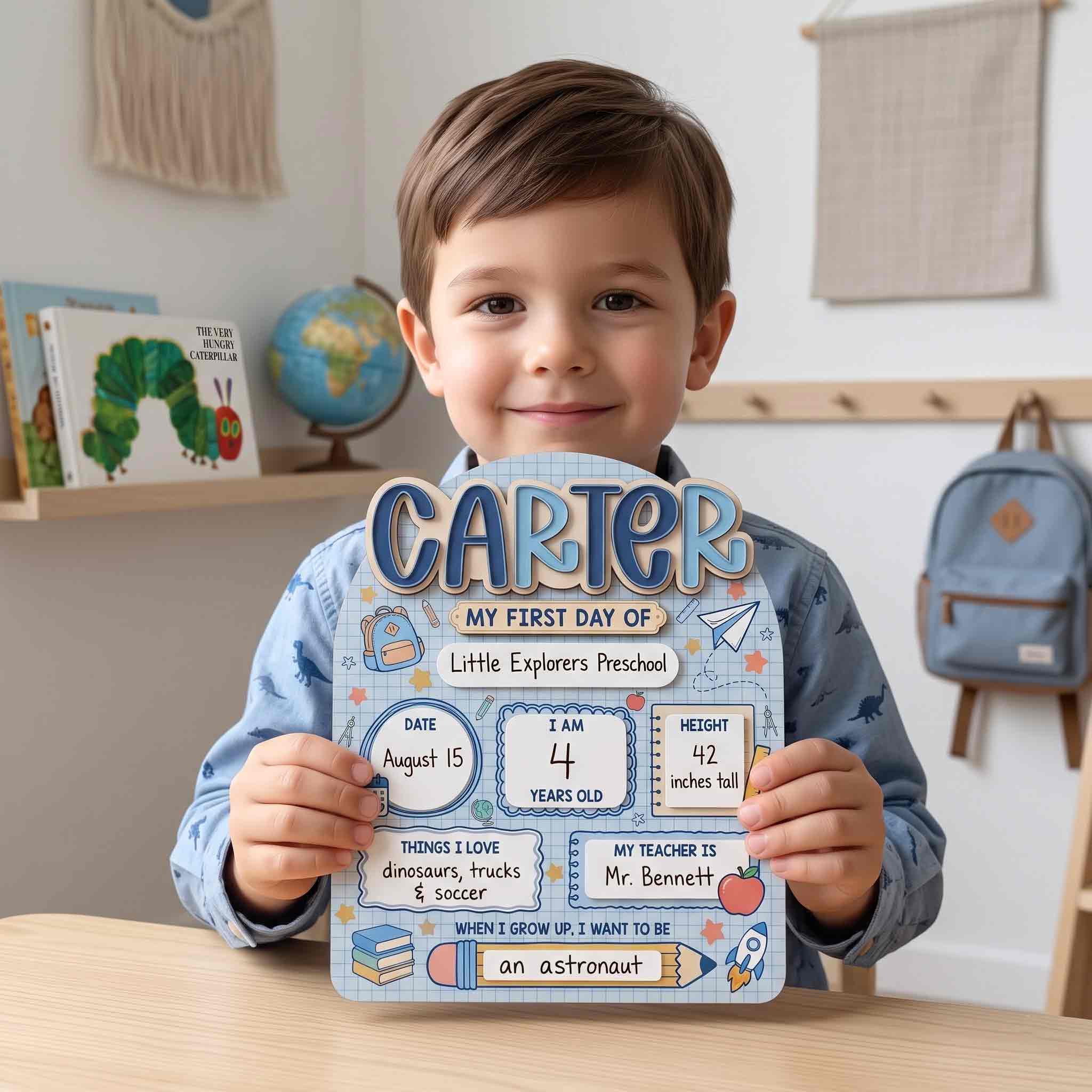 Personalized Blue Explorer School First & Last Day School Sign, Reusable Dry Erase Board, Back to School Sign