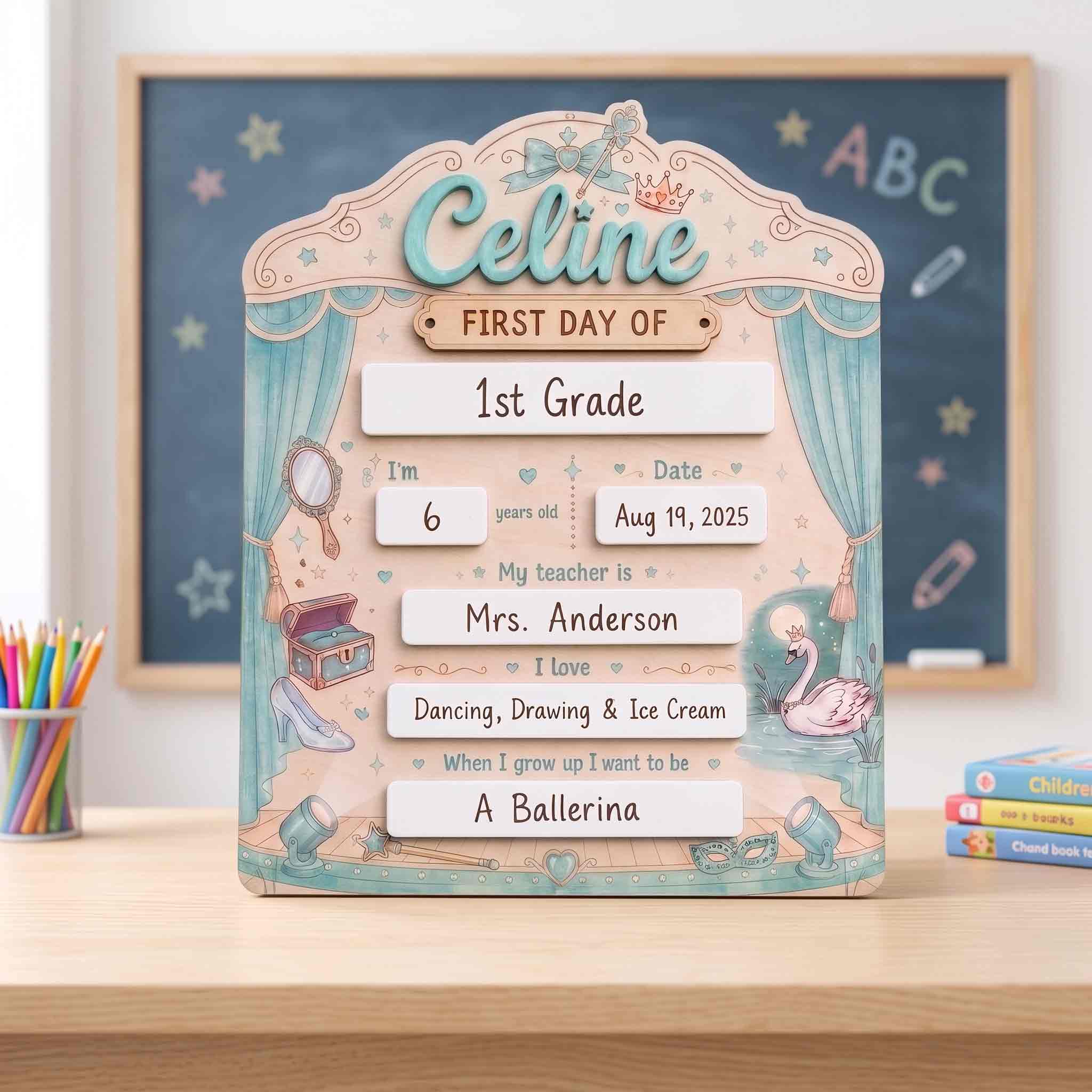 Personalized Princess First Day School Board, Reusable Dry Erase Board, Back to School Sign