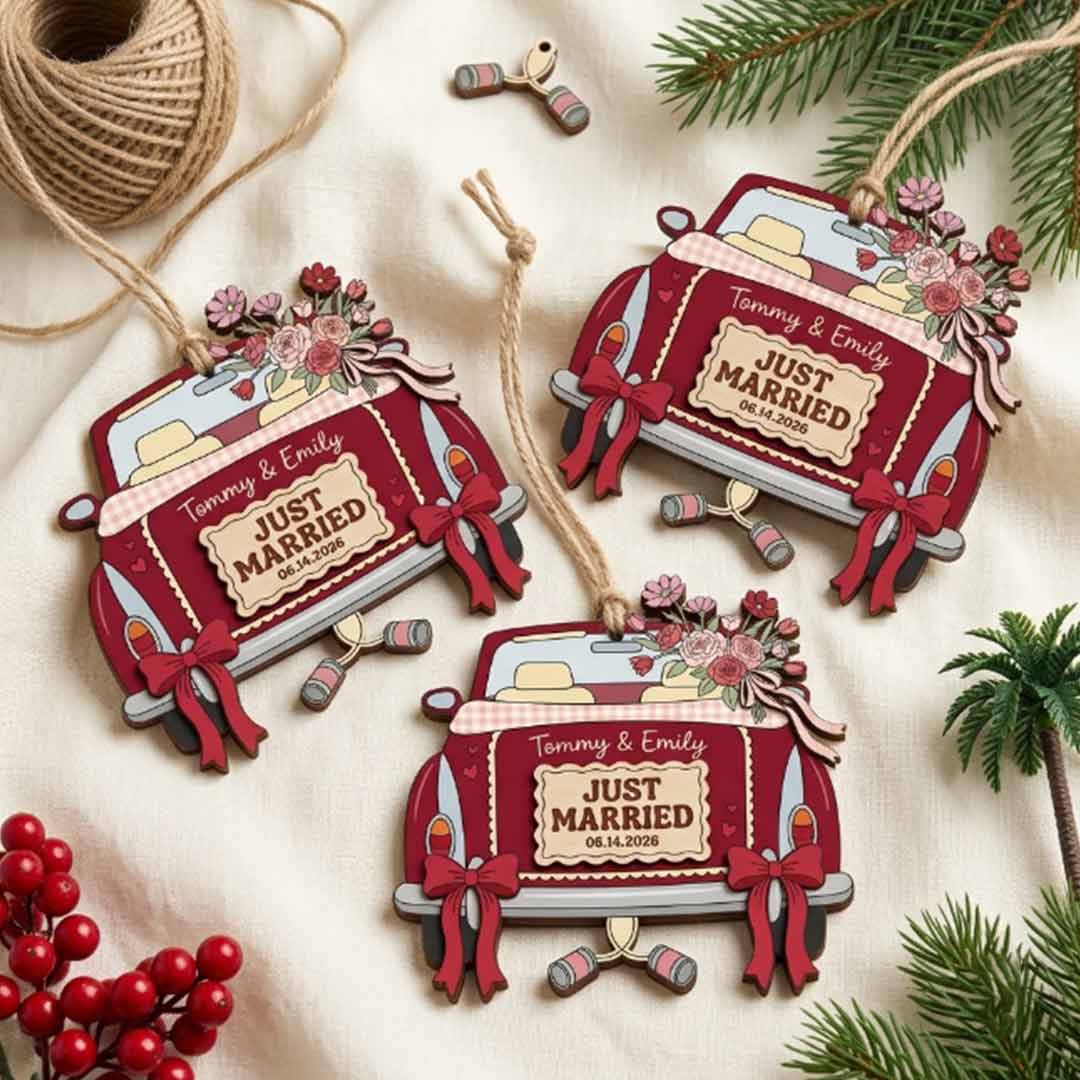 Just Married Wedding Car Personalized Custom Name Date First Wedding 2-Layer Wooden Christmas Ornament Newlywed Couple Christmas Gift