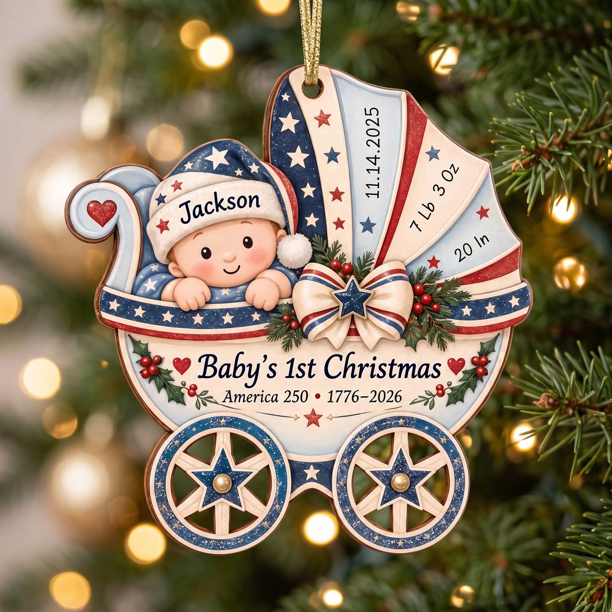 Baby's 1st Christmas America's 250th Year Patriotic Baby Carriage Custom Name Date Weight Length Newborn Wooden Ornament