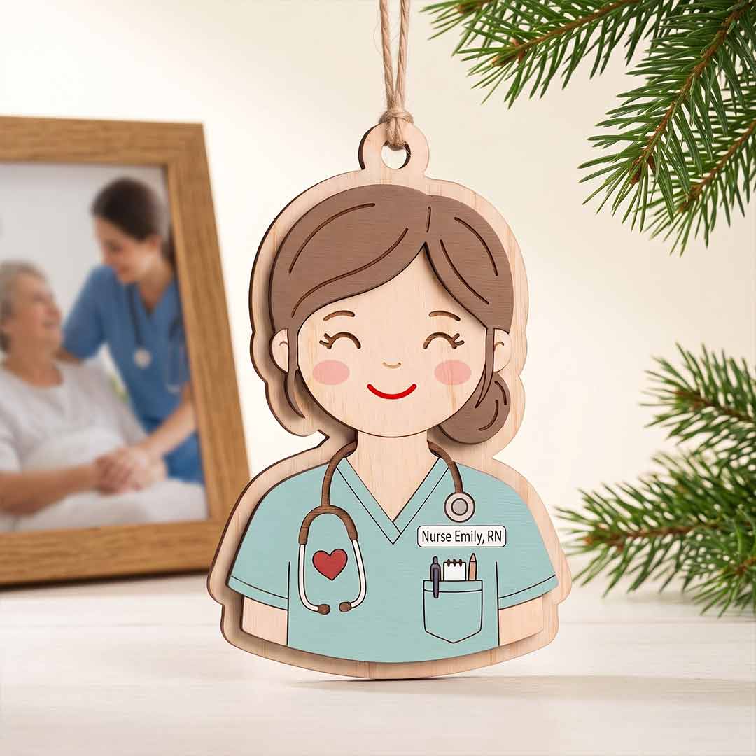 Nurse Portrait Personalized Custom Name Nurse 2-Layer Wooden Christmas Ornament Nurse Appreciation Christmas Gift