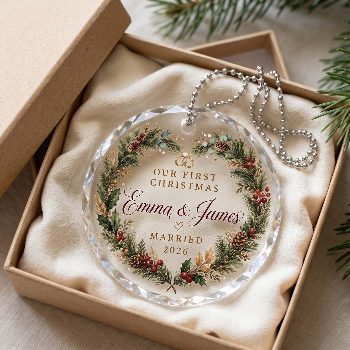 Our First Christmas Pine Berry Wreath Custom Names Date First Married Christmas Round Glass Christmas Ornament