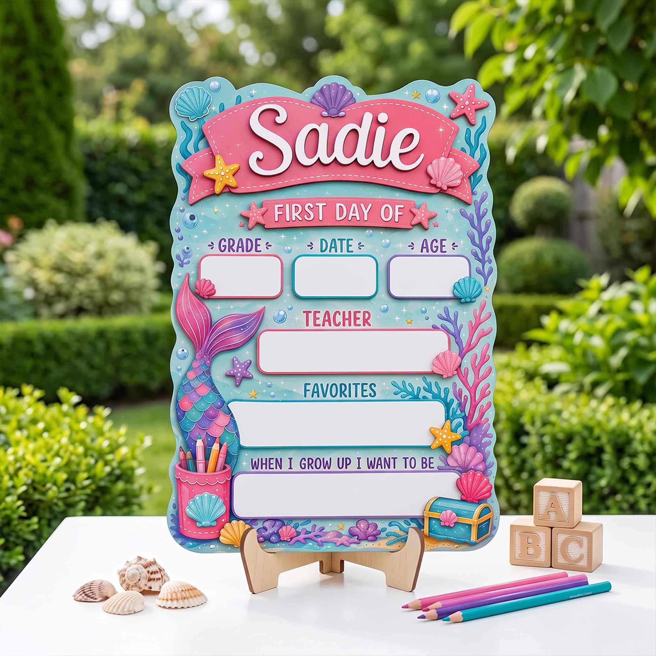 Personalized Mermaid Tail Theme First & Last Day School Sign, Reusable Dry Erase Board, Back to School Sign