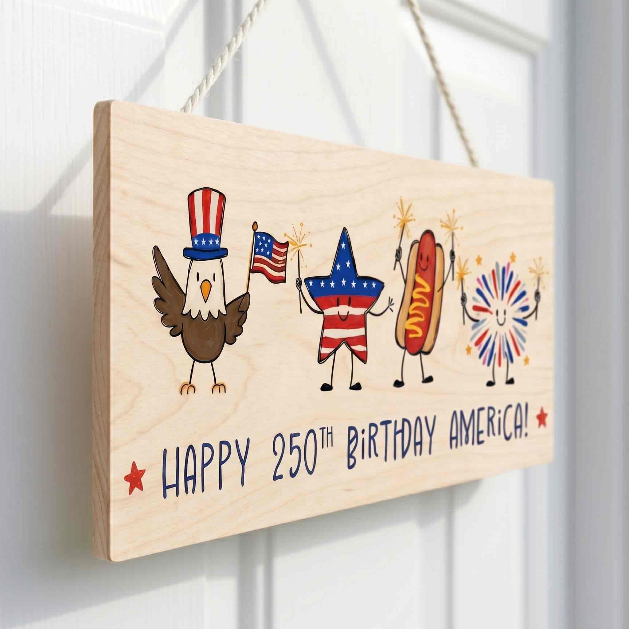Happy 250th Birthday America Wooden Sign Patriotic USA 250 Celebration Front Porch Decor