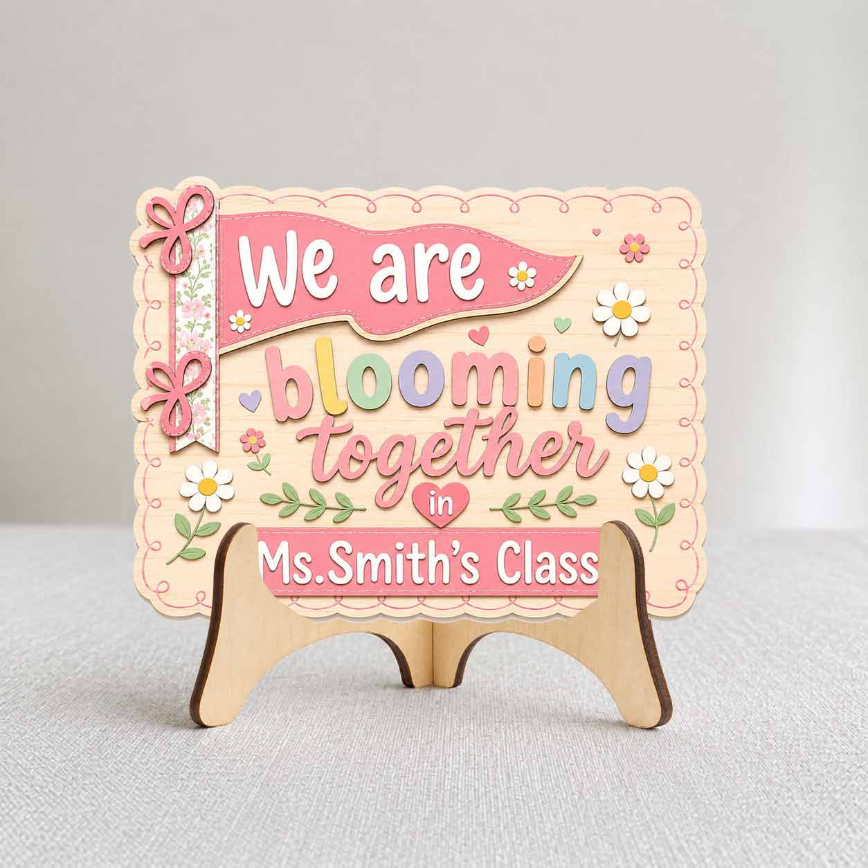 Personalized Teacher Name Wooden Sign Door Hanger We Are Blooming Together In Class  Wooden Classroom Decor, Back to School Sign