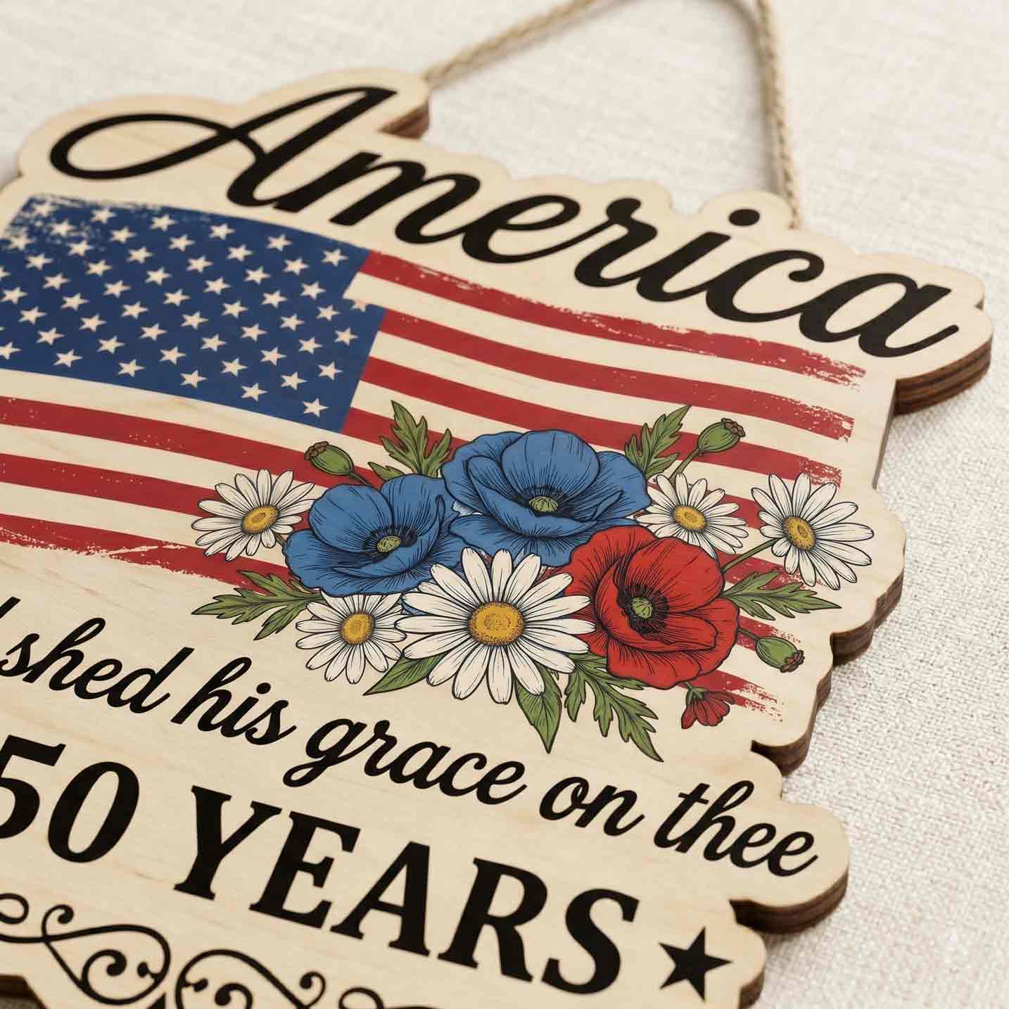 America 250 Years Wooden Sign God Shed His Grace on Thee Patriotic Floral Decor