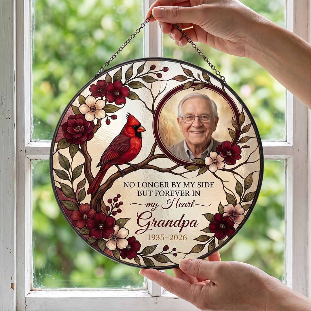 Grandpa Memorial Cardinal Personalized Custom Name Date Photo Loved One Memorial Keepsake Stained Glass Suncatcher Ornament for Loss of Grandpa