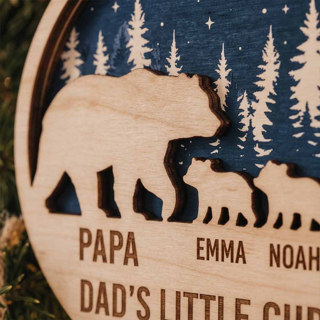 Dad's Little Cubs Bear Personalized Custom Name Date Family 2-Layer Wooden Christmas Ornament Father and Kids Christmas Gift