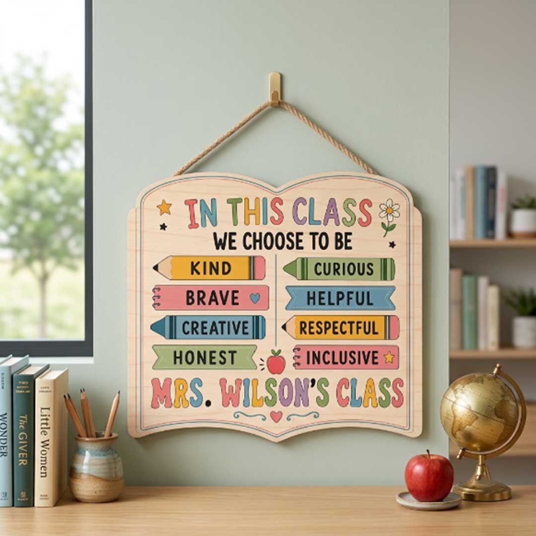 Personalized Teacher Name Wooden Sign Door Hanger In This Classroom We Choose To Be Wooden Classroom Decor, Back to School Sign
