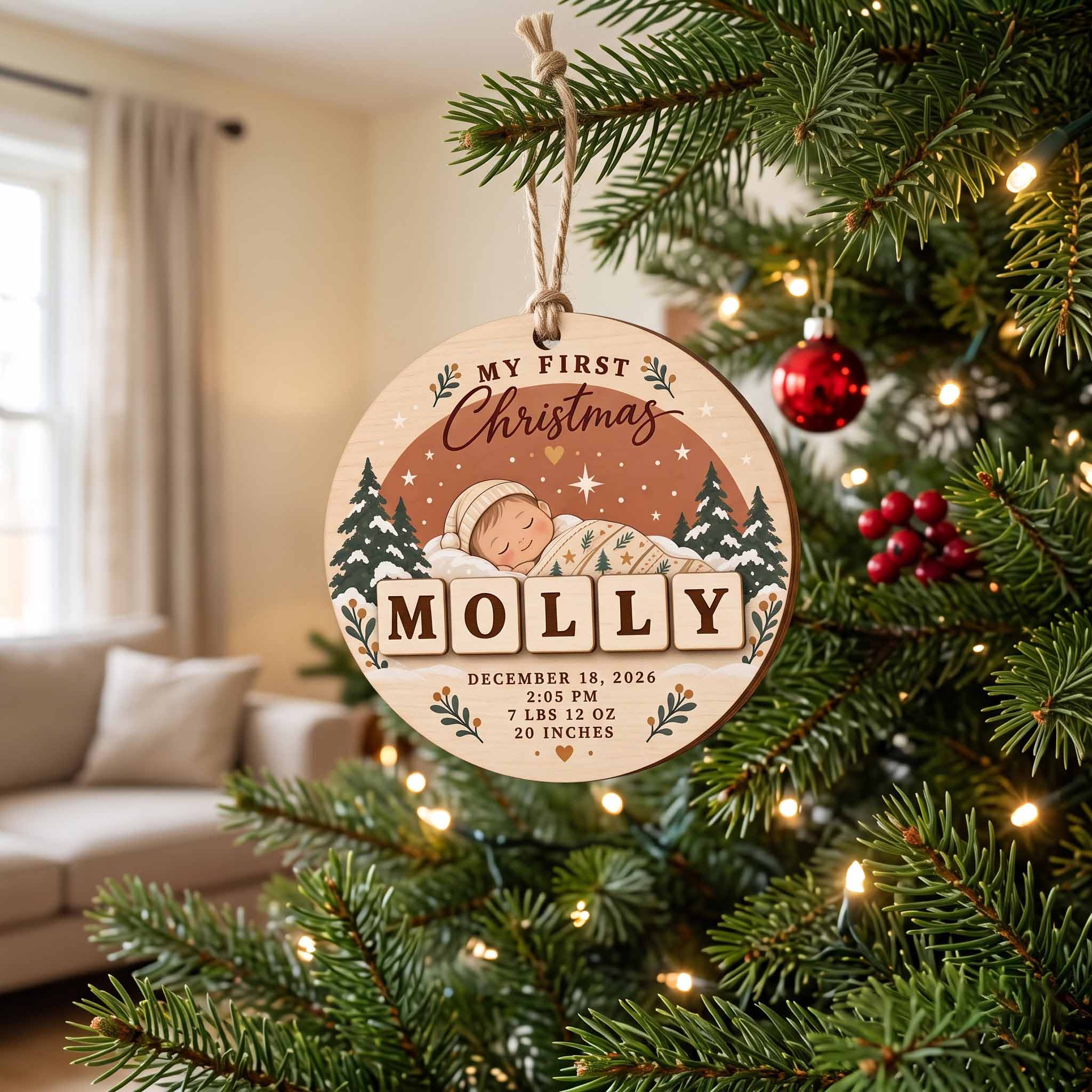 My First Christmas Baby Birth Stats Custom Name Date Newborn Baby Keepsake Wooden Christmas Ornament