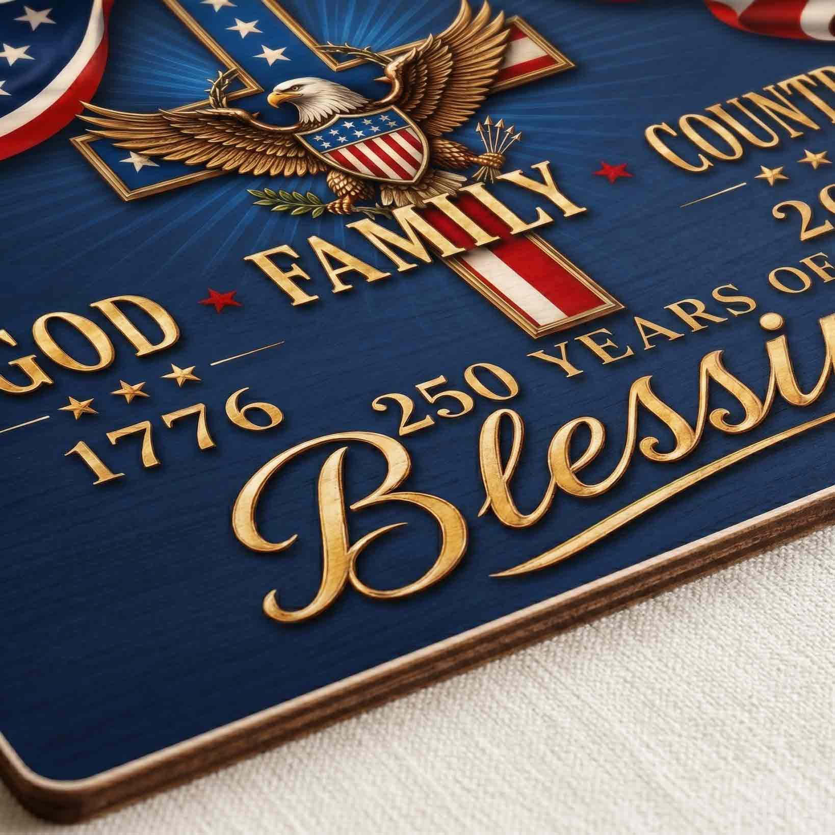America 250th Anniversary God Family Country Faith Patriotic Decor Wooden Sign