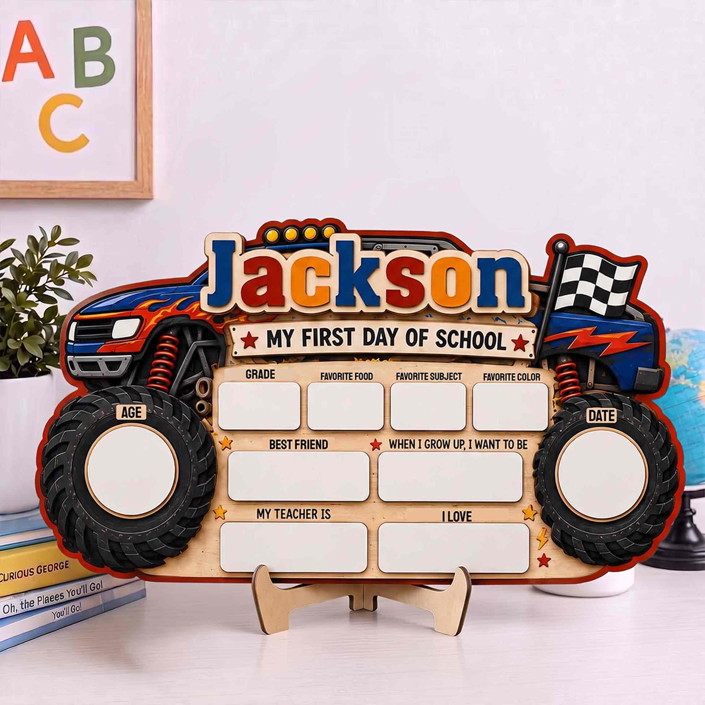 Personalized Monster Truck Theme First & Last Day School Sign, Reusable Dry Erase Board, Back to School Sign