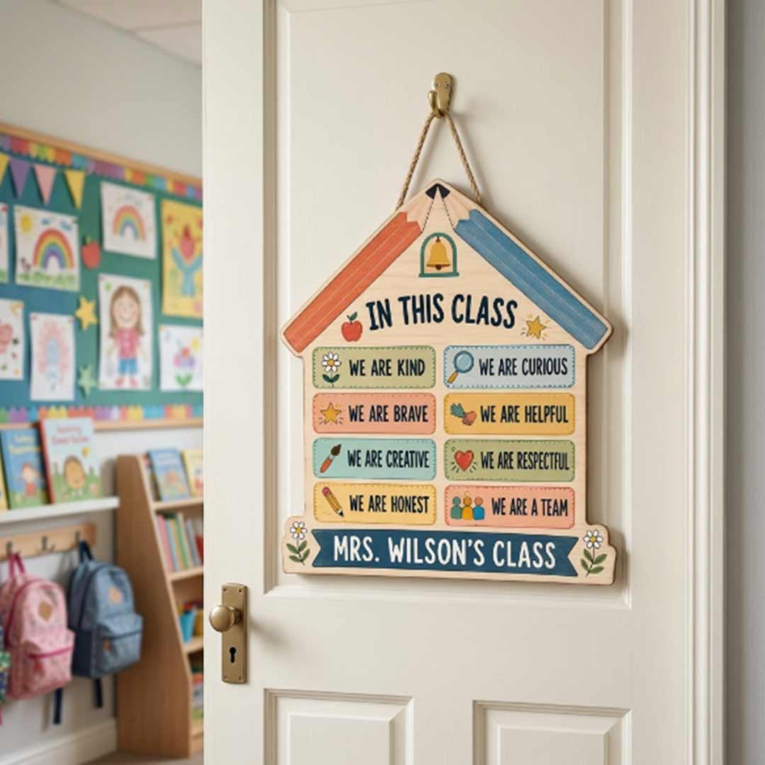 Personalized Teacher Name Wooden Sign Door Hanger Composition Book Classroom Rules Wooden Classroom Decor, Back to School Sign
