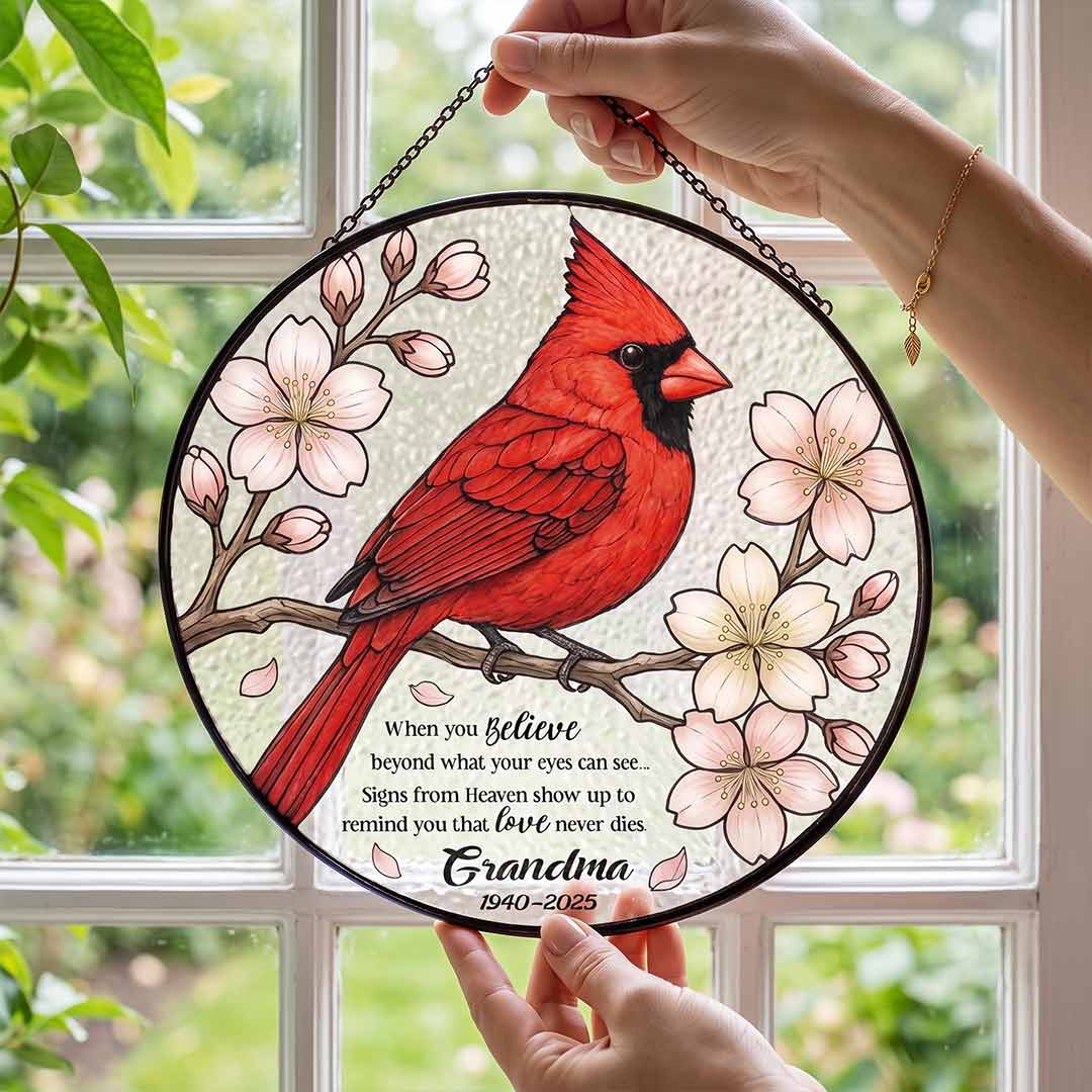 Grandma Memorial Cardinal Personalized Custom Name Date Loved One Memorial Keepsake Stained Glass Suncatcher Ornament for Loss of Grandma