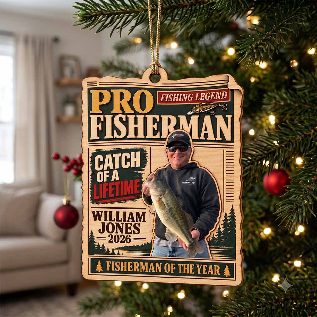 Fisherman Magazine Cover Fishing Keepsake Personalized Custom Name Date Photo Fishing 1-Layer Wooden Christmas Ornament for Dad Fishing Lovers Gift