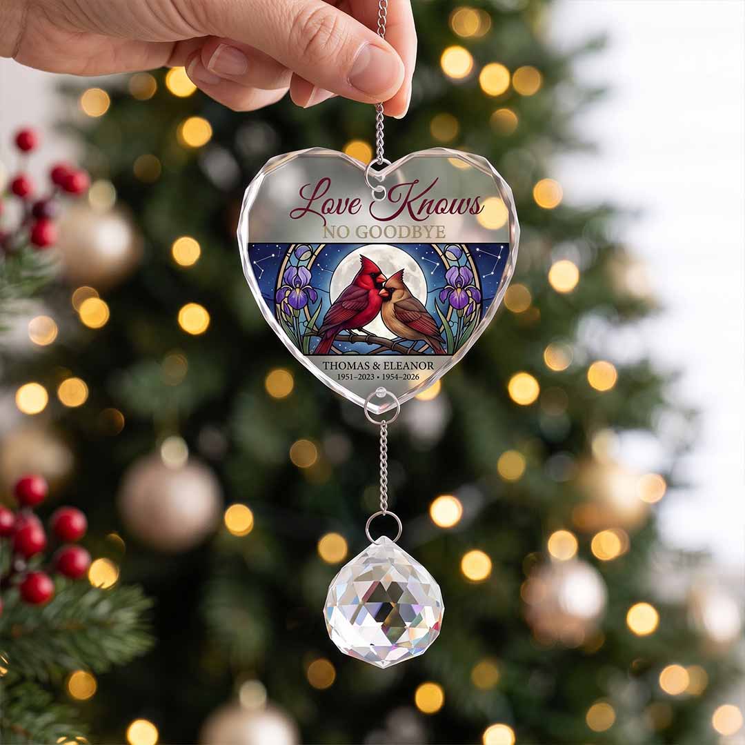 Love Knows No Goodbye Floral Cardinal Personalized Memorial Custom Name Date Loved One Sympathy Keepsake Heart Glass Christmas Ornament With Crystal Charm