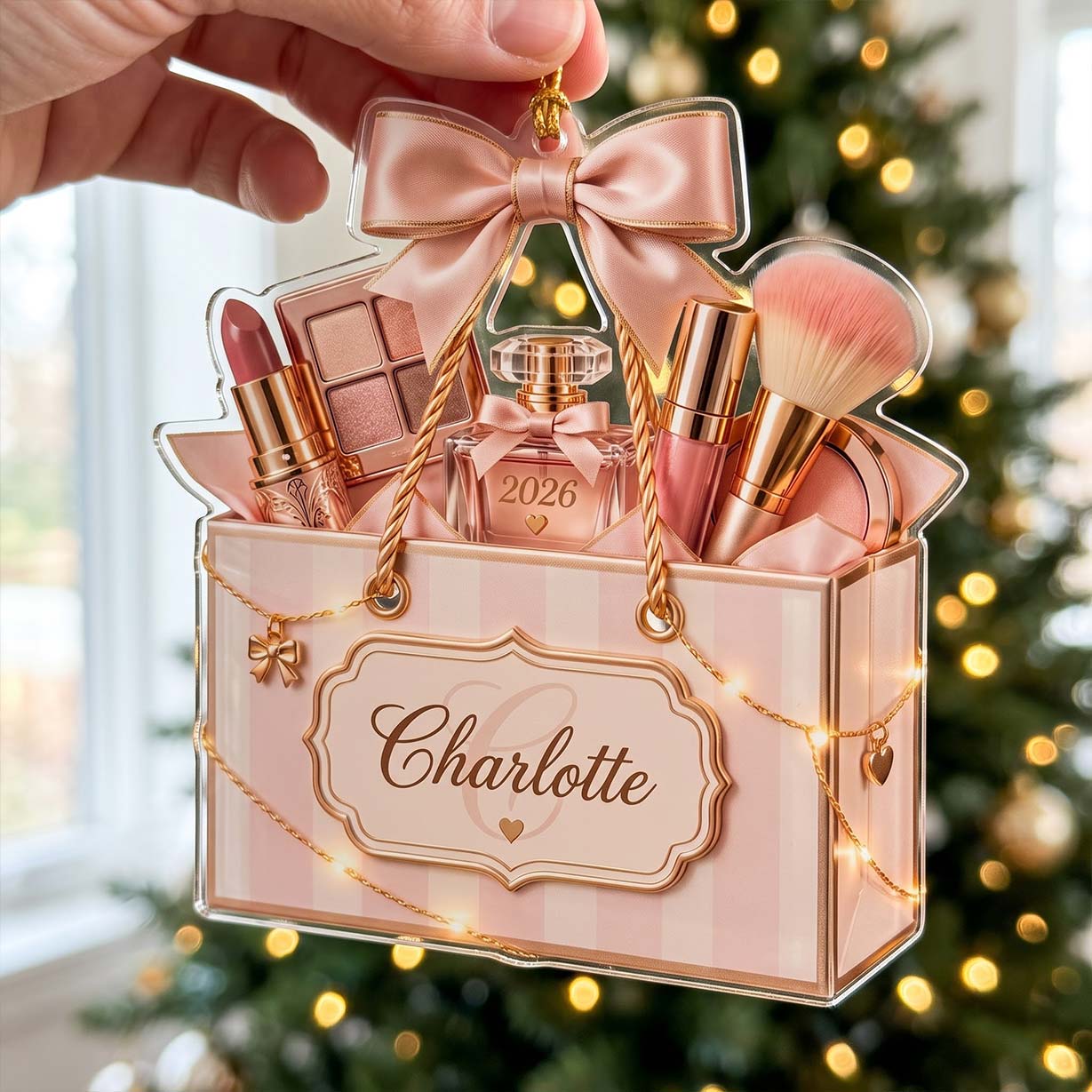 Blush Pink Makeup Bag Perfume Brush Custom Name Date Acrylic Christmas Ornament Beauty Lover Christmas Tree Decor Gift