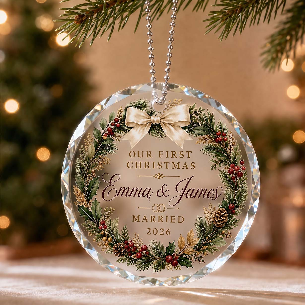 Our First Christmas Evergreen Wreath Custom Names Date First Married Christmas Round Glass Christmas Ornament
