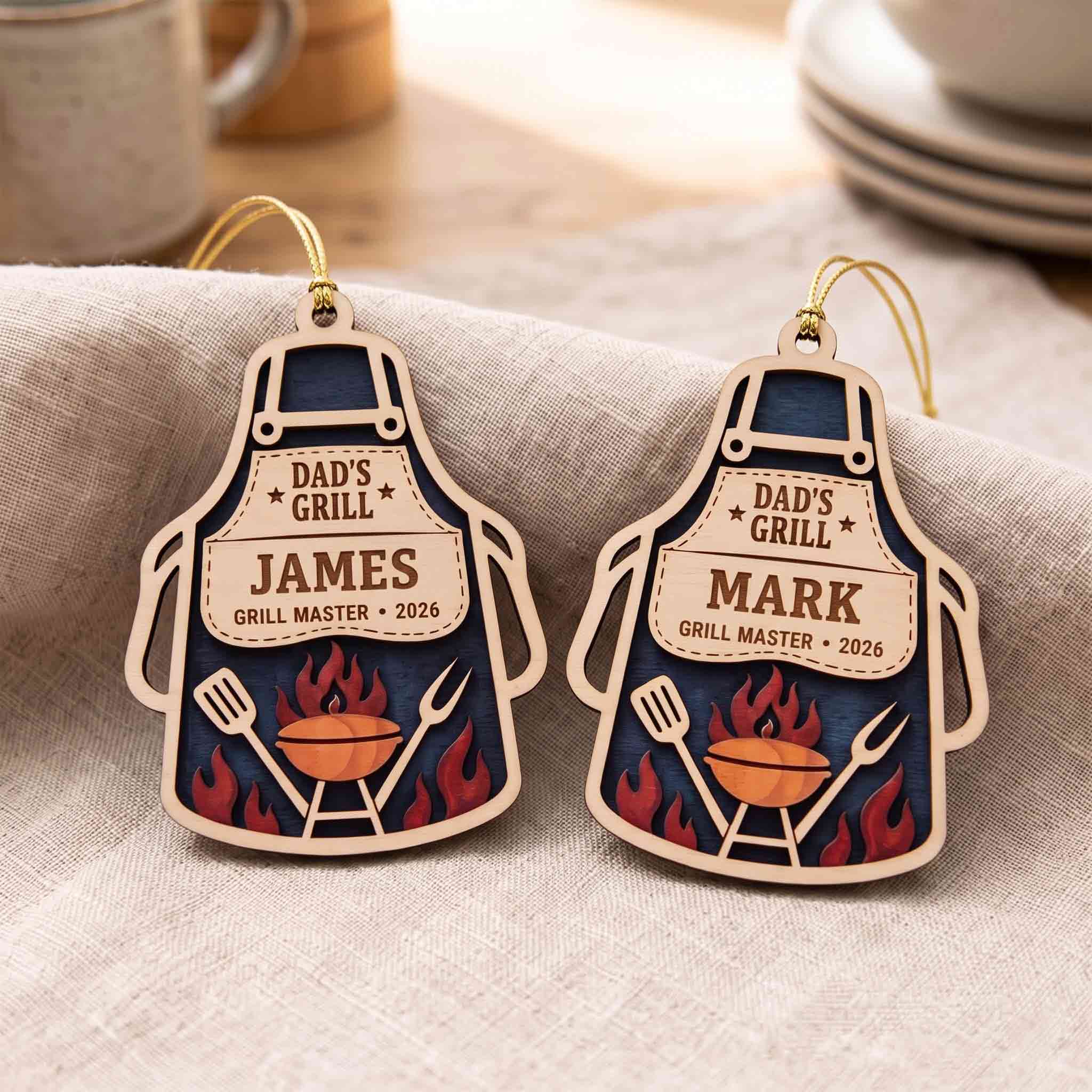 Dad's Grill Apron Flame BBQ Personalized Custom Name Date Family 2-Layer Wooden Christmas Ornament BBQ Grill Master Gift for Dad