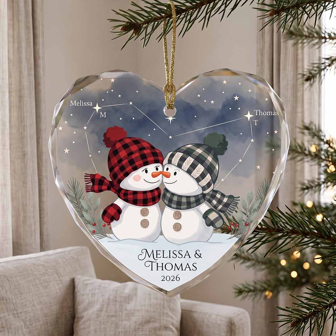 Starry Constellation Snowman Couple Personalized Couple Custom Name Date Christmas Gift Heart Glass Christmas Ornament