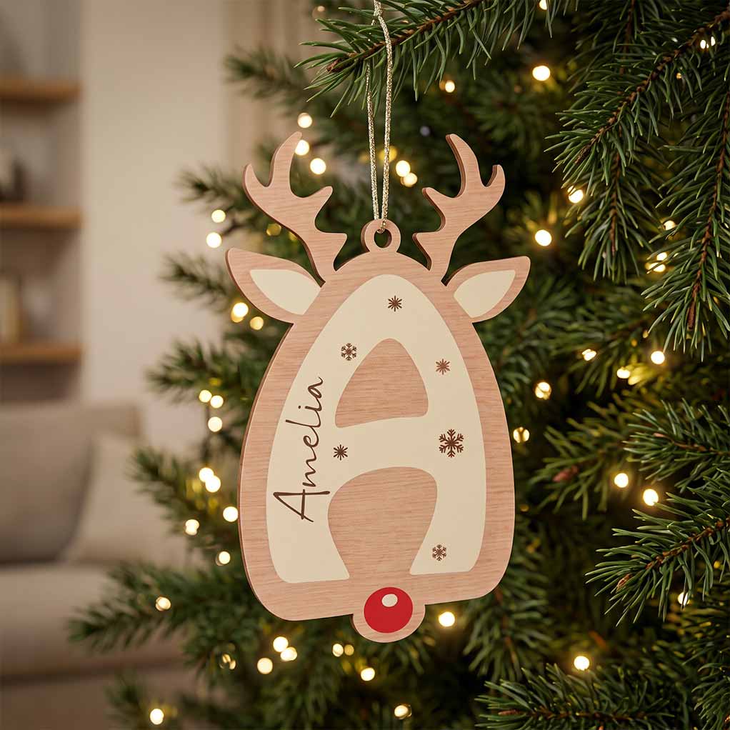 Reindeer Alphabet Christmas Initial Keepsake Personalized Custom Name Initial 1-Layer Wooden Christmas Ornament for Kids Gift
