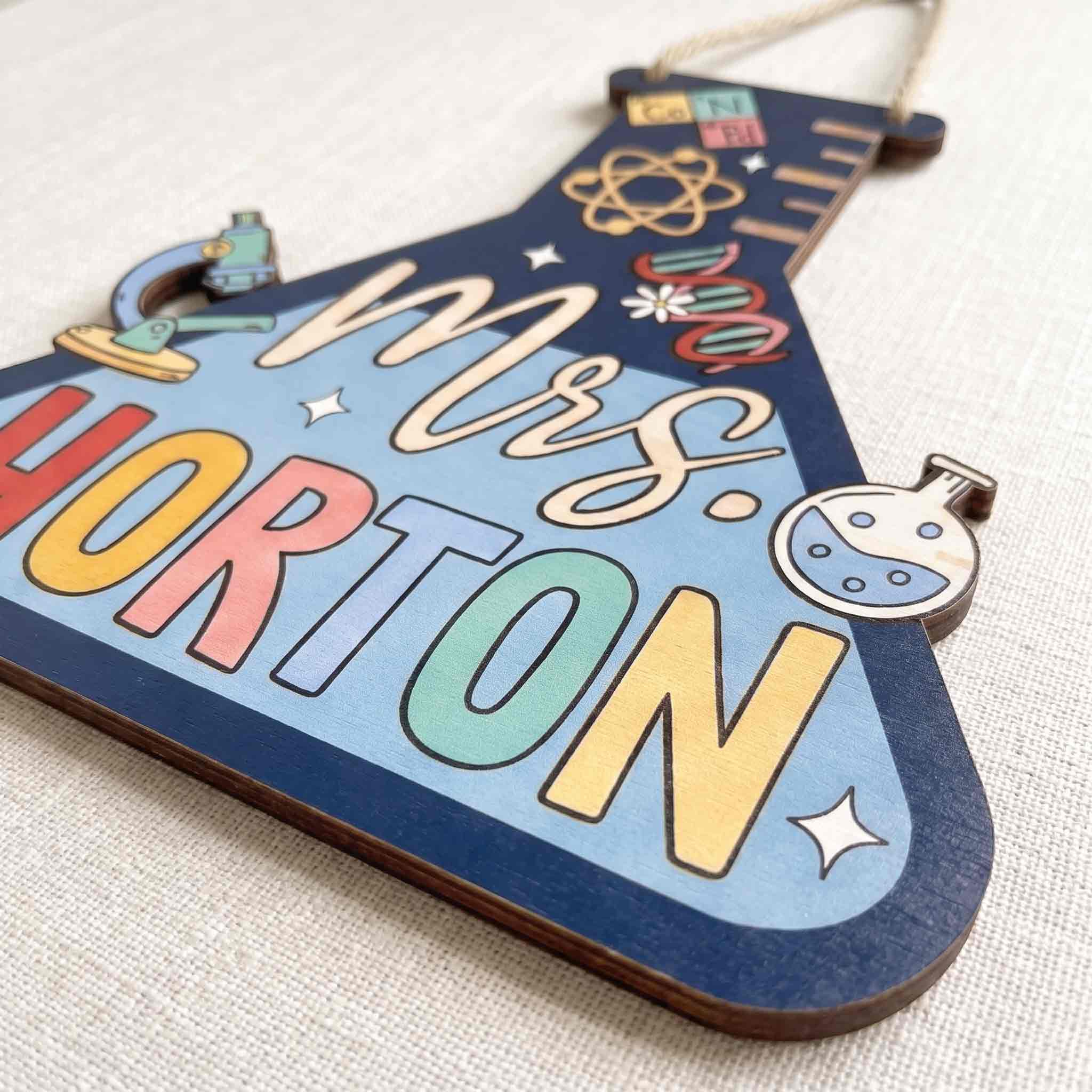 Personalized Chemistry Teacher Wooden School Sign, Custom Science Classroom Door Hanger, Teacher Name Classroom Decor