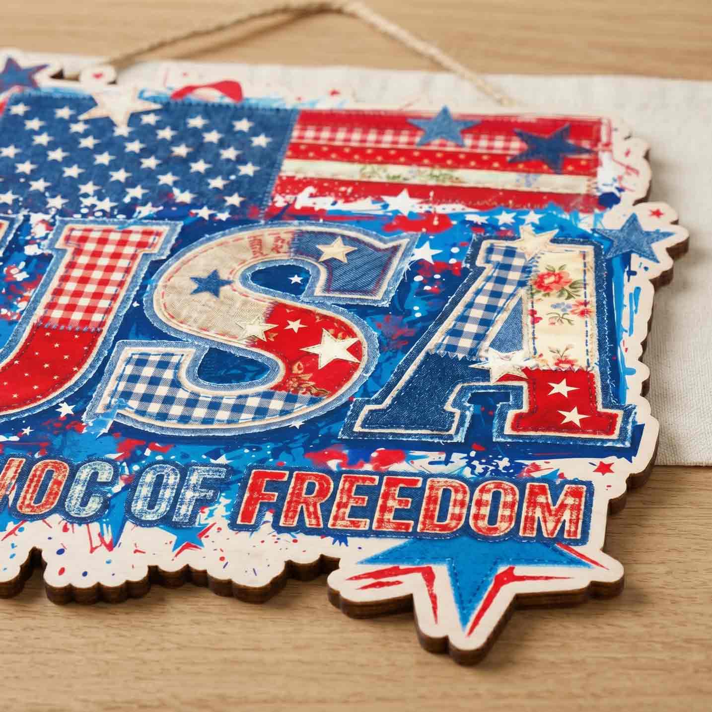 USA 250 Years of Freedom Patchwork Quilt Patriotic 1776-2026 Wooden Sign